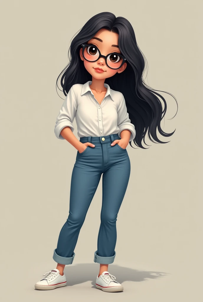 Beautiful chubby girl with medium long black hair black eyes watch white shirt pants jeans white shoes and glasses 