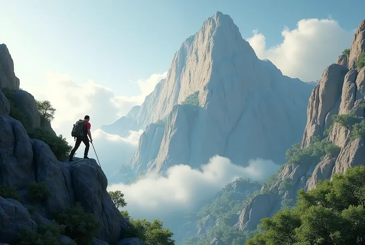 A climber is climbing a limestone mountain in a shady morning.