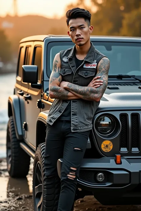 masterpiece, above, very realistic, very detailed, original photo, Best Quality, a very handsome Asian man, standing leaning in front of a matt black hardtop jeep with one elbow resting on the front of the car facing forward, over a river track with a larg...