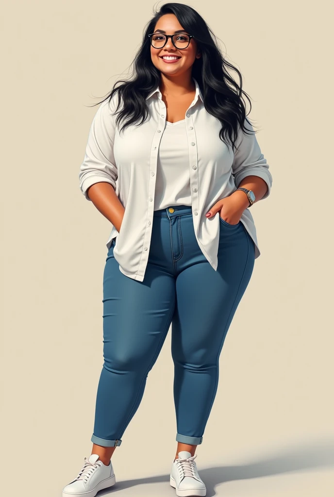 Beautiful fat girl with medium long black hair black eyes watch white shirt pants jeans white shoes and glasses 