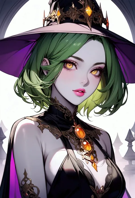 A witch, extremely beautiful, white skin, full lips, pink lips, bright eyes, short hair, green hair, yellow eyes.