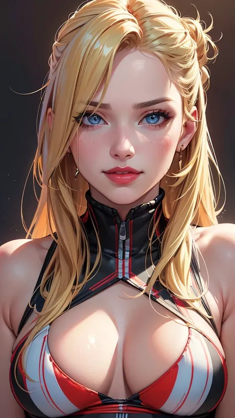 1girl, detailed background, (best quality,4k,8k, highres, masterpiece:1.2),ultra-detailed, absurdres, (realistic, photo-realistic:1.37),HDR,UHD, studio lighting, ultra-fine painting, red lips, perfect eyes, long and shiny hair, blonde hair, sportswear, smi...