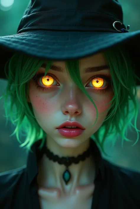 A witch, extremely beautiful, light skin, full lips, pink lips, bright eyes, short hair, green hair, yellow eyes.