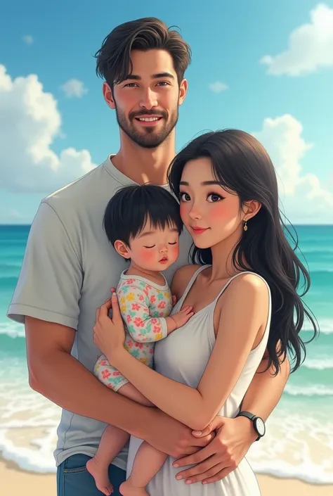 Japanese girl with a black baby and her blue-eyed canche husband on a beach 