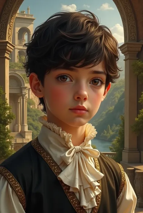 (Masterpiece,Best quality,Ultra_details,height,nonsense),1 boy, Perfect face, handsome, short hair, Characters from Romeo and Juliet, details scenery details character 