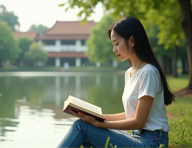 Calm Cambodian university student beautiful girl with white t-shirt and blue jean, reading book beside a lake near her university