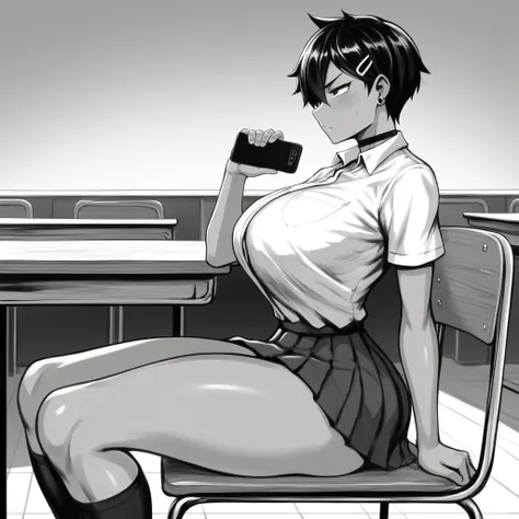 1girl, Monochrome, slightly dark skin, skirt, Japanese high school skirt, tight dress shirt, medium tomboy haircut, medium tomboy hairstyle, sexy soft face, sexual face, extremely feminine face, female jawline, manga style, (angled front side view image, p...