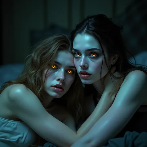 (Top Quality,Masterpiece:1.3,Ultra High Resolution),(High Definition,8K),(Realistic:1.4,RAW shooting), dark fantasy, blurred background, mysterious background, sexy and attractive woman, two white skinned vampires lying on a bed embracing and looking at us...