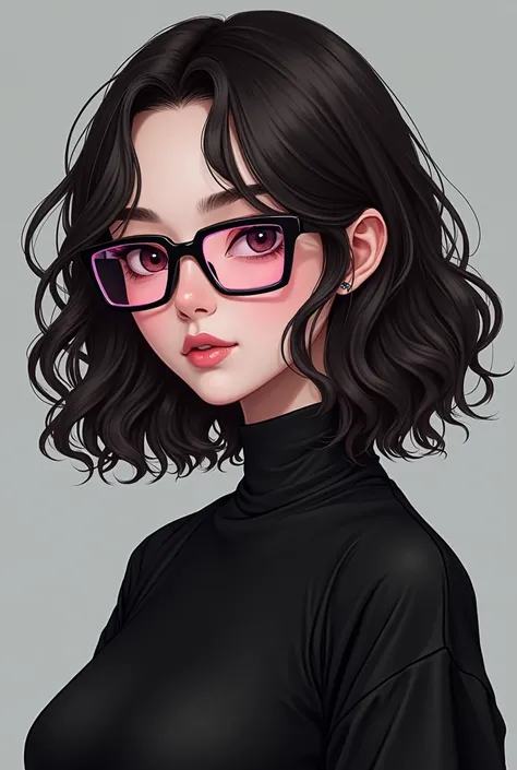 Brunette girl with pink-rimmed rectangular glasses, with black hair, medium wavy wolf cut and with black clothes and WITHOUT bangs, the hair a little longer 