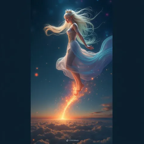 A heavenly empress with the bearing of a ruler of universe, traversing the skies , the elements of the world rush to be the stepping stones for her. She has ver long hair that contains every color in the world and shines like stars, flowing from the wind. ...