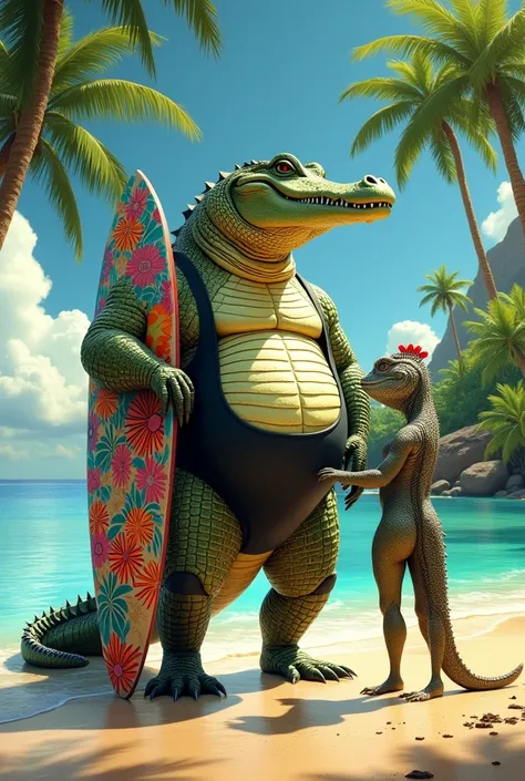 A fat crocodile in a black swimsuit with a surfboard standing up, Hawaii Background, Iguana bride with reptilian body in black swimsuit, Beach