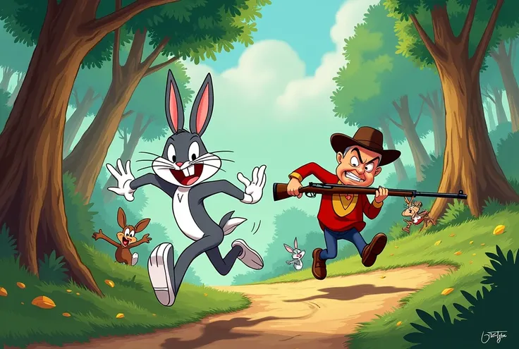 Bugs bunny is being chased by Elmer fudd