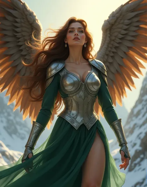 BEAUTIFUL BOMBSHELL LIGHT BROWN HAIR WINGGED VALKYRIE FLYING THROUGH TWILIGHT SKY, LONG HUGE BROWN  WINGS,  BROWN  FEATHERS, NORSE BEAUTY, VERY PALE SKIN, VERY SOFT SKIN, HUGE LONG BROWN HAIR, STRAIGHT HAIR, VERY VOLUMOUS HAIR, EXPRESSIVE GREEN EYES, HIGH ...