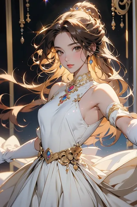 A beautiful princess, golden hair and beautiful brown eyes, with gorgeous delicate jewelry, wearing a form-fitting princess dress, wearing white gloves, posture is she spread her hands in an embrace.elegant outstretched a hand.Background is the Red Carpet ...