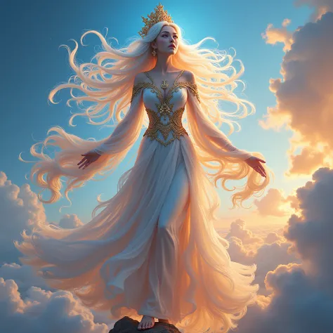 A heavenly empress with the bearing of a ruler of universe, traversing the skies , the elements of the world rush to be the stepping stones for her. She has ver long hair that contains every color in the world and shines like stars, flowing from the wind. ...