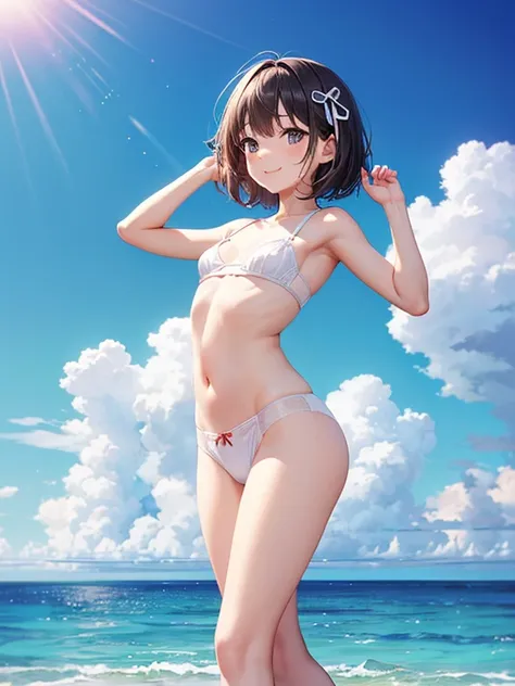 (Best Quality),(masterpiece),(Perfect Anatomy)、(Perfect hands)、(Perfect legs)、Super detailed one girl、Iris、Black short hair、smile、(Small breasts:1.5)、(In underwear)、Cute ribbon white bra,Cute ribbon white panties、Beautiful thighs、Standing with hands up、Sun...