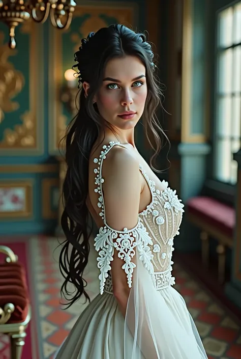 ((Inspire-se em Liv Tyler)) a beautiful woman, recatada, slender, with feminine features, blue eyes and long black hair. She is facing, stop, in a white Victorian queen&#39;s dress. ULTRA resolution, high details, better image quality. High resolution real...