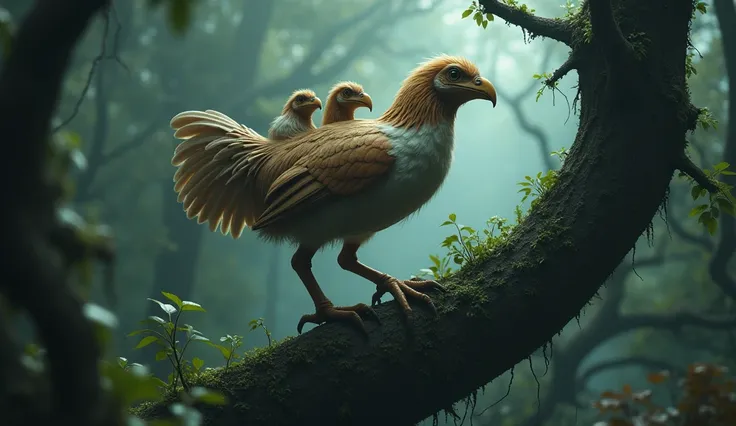 In the strange forest，There is a bird with six legs on the tree trunk，It has three chicken heads.，There is a third wing in the middle of the back(Best quality，4K，8k，High level，masterpiece：1.2），Ultra Detailed，（lifelike，Photo real，Photo real：1.37）(Best quali...