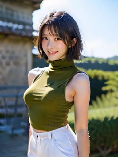 White shorts,Very Short Hair,Black Hair,high school student,Ryukyu Castle,Navel sticking out,beautiful girl,Sleeveless,((turtleneck its color is green:1.0)),Yuffie Kisaragi