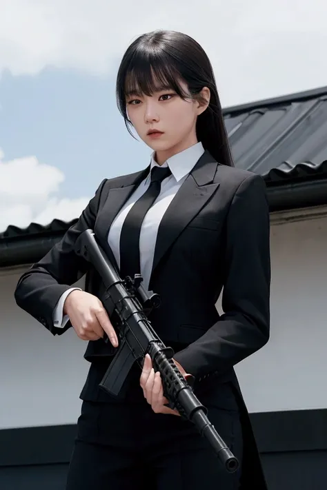 Female gunman, a woman wearing a black suit, white shirt, black tie, black skirt, holding an M16 gun, raising the gun to point the barrel on the roof of a tall building.