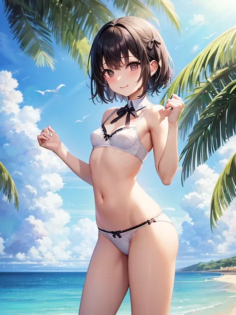 (Best Quality),(masterpiece),(Perfect Anatomy)、(Perfect hands)、(Perfect legs)、Super detailed one girl、Iris、Black short hair、smile、(Small breasts:1.5)、(In underwear)、Cute ribbon white bra,Cute ribbon white panties、Beautiful thighs、Standing with hands up、Sun...