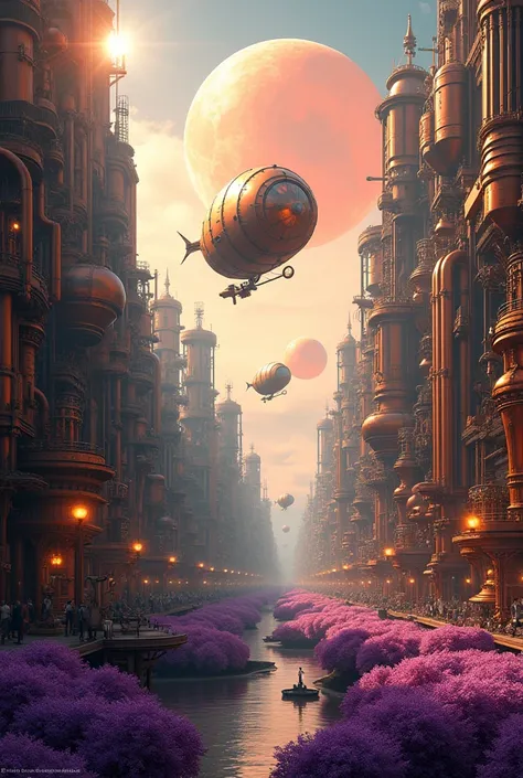 A Steampunk City, with airships, 3 Suns in the Sky, Purple Grass, Neve