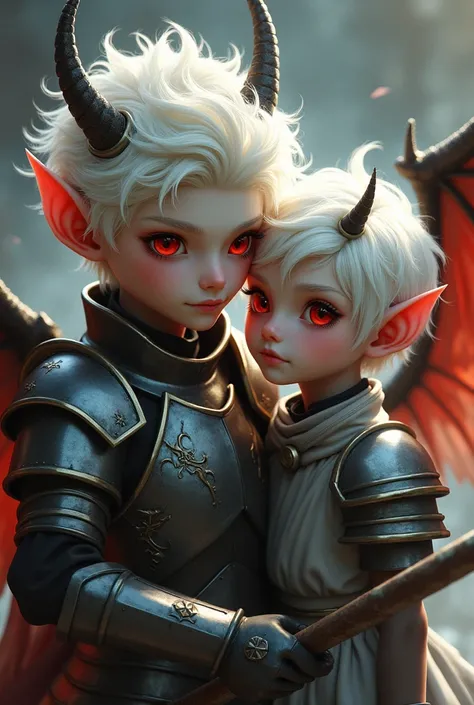 Photo realism of a handsome demon with white hair and red eyes more cute than scary with demon wings and one small horn in the head 1  boy with a lancer wearing armor