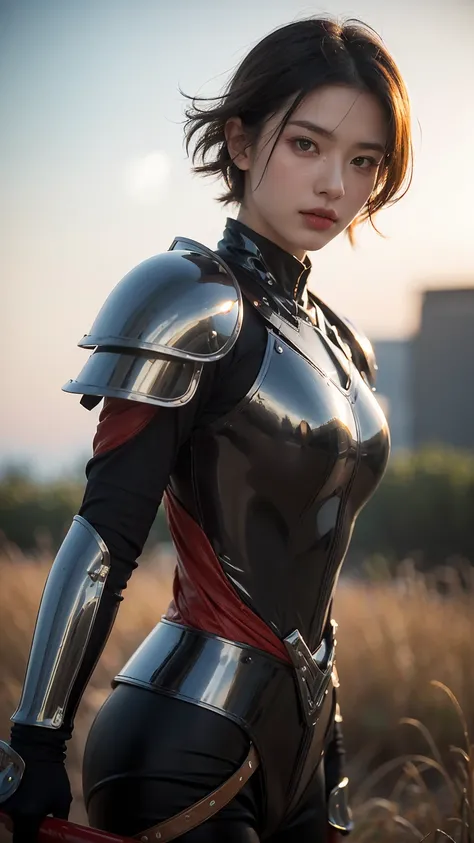 masterpiece , a girl, in a field, ( lite white short hair:1.2), (red eyes:1.2), (Crausader:1.2), (looks at the viewer:1.2) , (8k, best quality 1.2), ultra-detailed, 8k uhd, soft lighting, high quality, film grain, beautiful lighting, cinematic ,perfect bod...