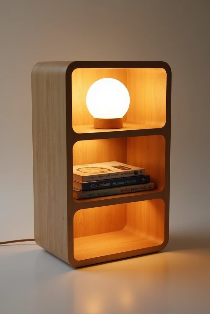 generate a wooden lamp, for bedside table, creative, Functional as a bookcase, minimalist, little