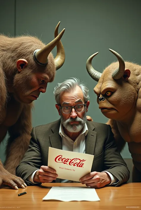 in a meeting room: 1 Autistic man with glasses, gray hair and beard, next to the fat minotaur looking at Jabba the Hutt from Star Wars, all 3 people massaging a sheet of paper with a Coca-Cola label