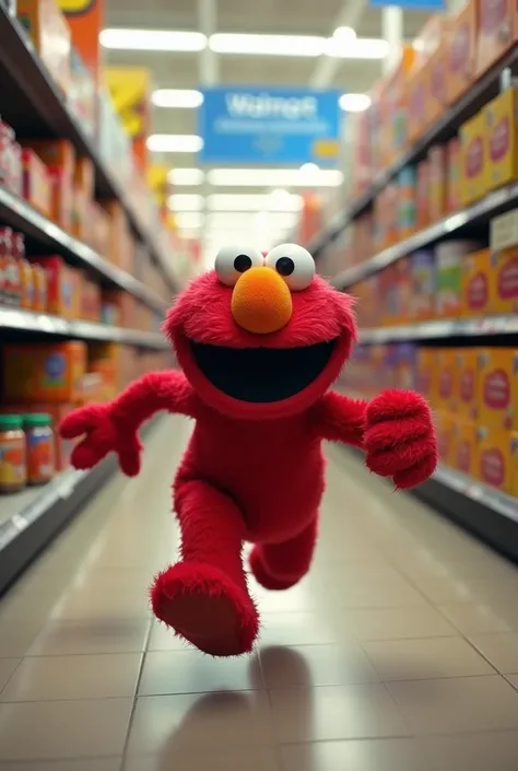 Bald elmo sprinting through walmart