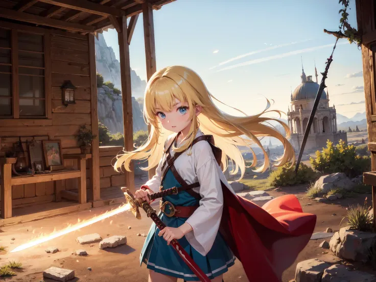 High resolution, masterpiece, Best Quality, High-resolution model, Magic Swordsman Cosplay、Wilderness Desert、Dilapidated Ruins、One-on-one duel、One Woman、Long Hair、Blonde、Detailed Images、Bright red liquid splashes、Swinging a sword、Sword attack、Cut off、Count...