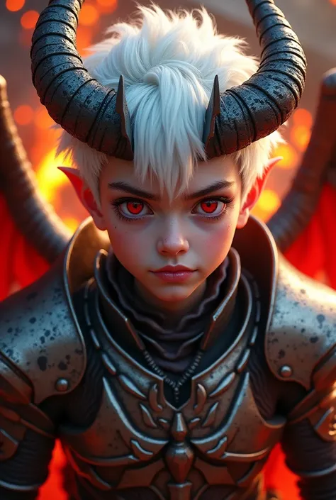 Photo realism of a handsome boy demon with white hair and red eyes more cute than scary with demon wings in wearing armor with lava background closeup