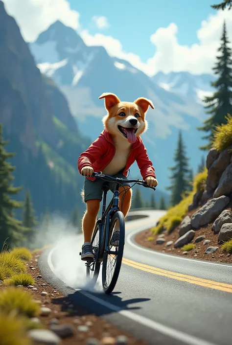 Dog riding a bicycle down a mountain at high speed