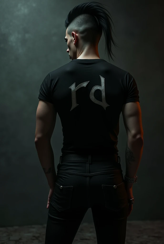 “A little bit dark on the back” and it says on his shirt, “RD” in a tight black outfit” with a mohawk” 