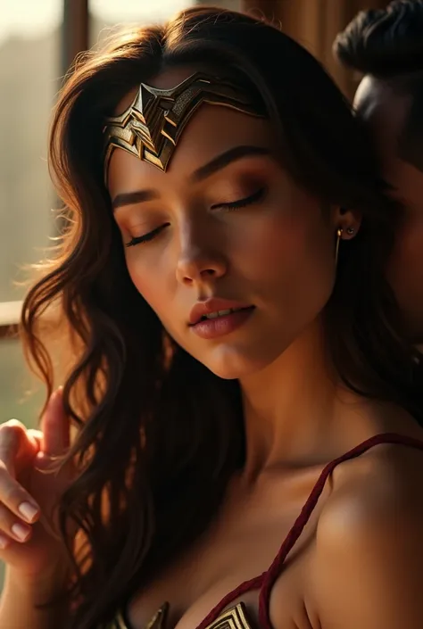 Wonder Woman with her eyes closed、Having a man touch your butt。Brown Hair,  masterpiece、beautiful girl、fine 目、puffy eyes、Bright spot、Best Quality, 超High resolution, (reality: 1.4), Cinema Lighting,Very beautiful、The perfect Wonder Woman costume。Very pretty...