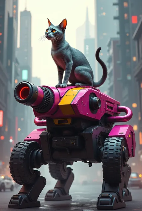 Cat riding a pink and yellow cyberpunk robot tank