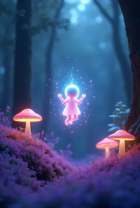 A Small Being of Light, In a Forest Full of Mushrooms with Purple Grass