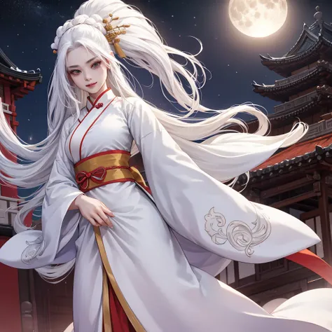 Female, white Hanfu, long white hair, flowing long hair, wide-sleeved robe, ancient style, solid color clothes, clothes without any pattern, laughing, soft light, ink, full moon behind, low saturation, low contrast, floodlight