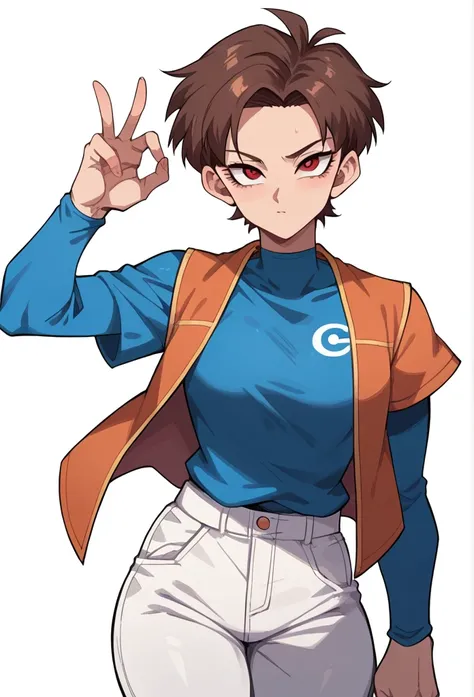 woman, short reddish brown hair with (white streak in hair), red eyes,light blue clothing with orange details,short sleeve, white pants , Dragon ball style,drawn