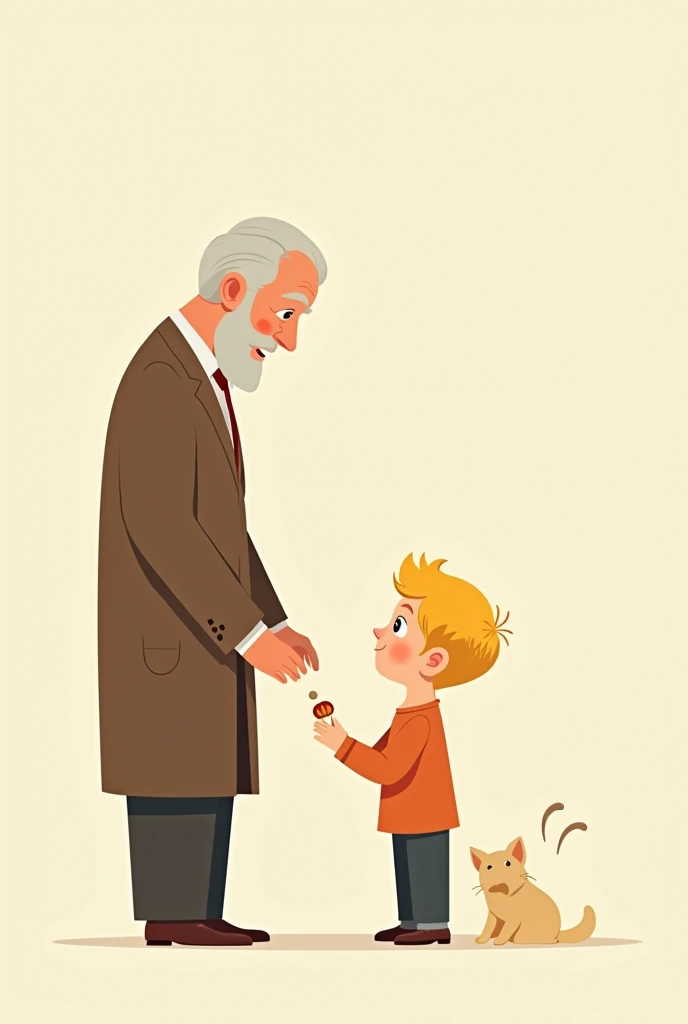 (Animerge flat-2D) A little blond boy next to a man a little older than him, the little boy a little away from the gentleman and looking up a little, The Lord gives a sweet to the 