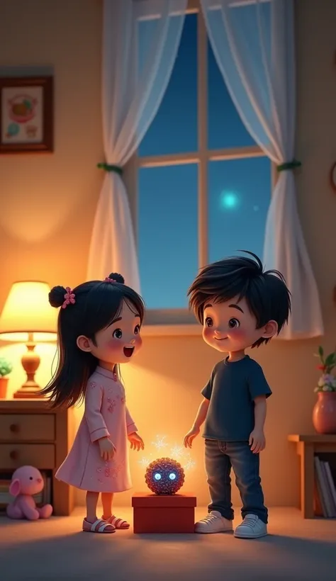 Setting: A cozy room in the evening, the soft light from the table lamp creates a relaxing atmosphere; The room is simply decorated with a few childrens toys and books; The room returns to normal, the mysterious light has disappeared. The girl and the boy ...