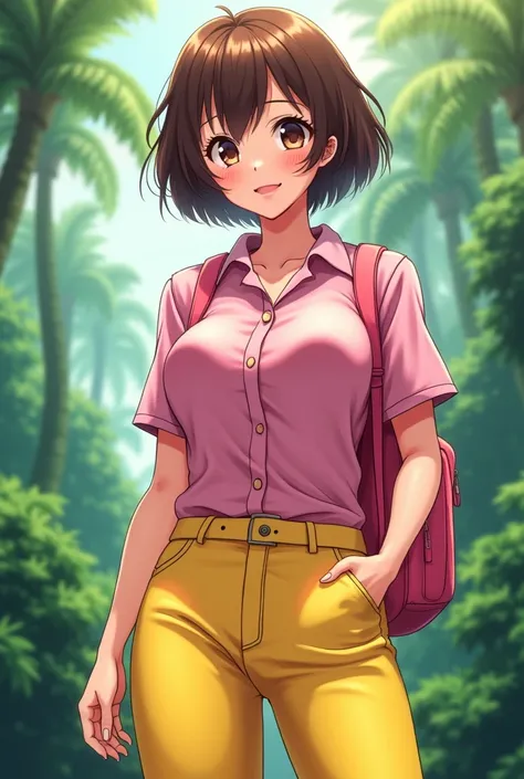 1 female,short brown hair,brown eyes,pink shirt, yellow pants,pink backpack,large breasts:86cm, High quality, Masterpiece,Anime art,Dora style, jungle background, Seductive smile