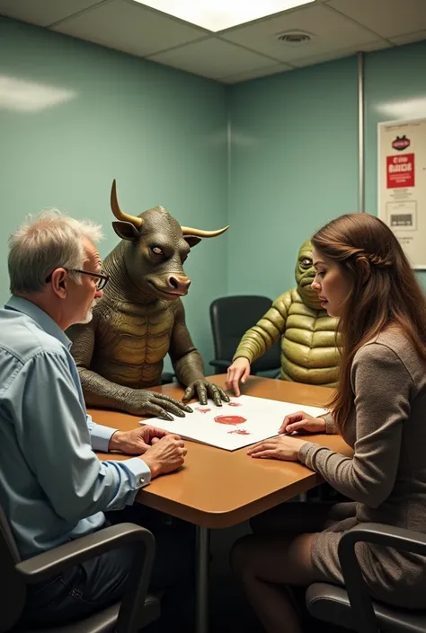 in a meeting room: 1 Autistic man with glasses and gray hair and beard next to a man with a cow&#39;s head looking at Jabba the Hutt dressed as a woman.All 3 people massaging a sheet of paper with a Coca-Cola label from returnable bottles