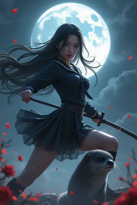 Long-haired japanese female fighter battle hard ,,black sailor uniform、provocative posing、Huge full moon in the background、A small Asian small-clawed otter beside me