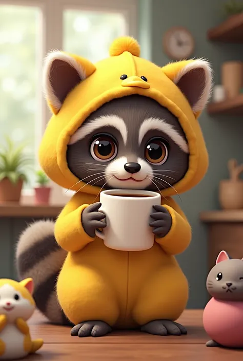 A cute raccoon, feminine, with glasses dressed as a duck drinking coffee with a cat-shaped cup 