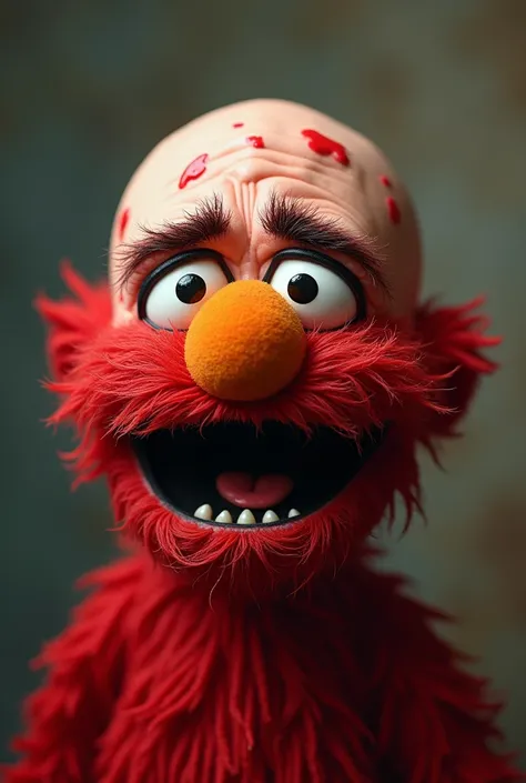 Elmo completely bald and losing all his fur, screaming