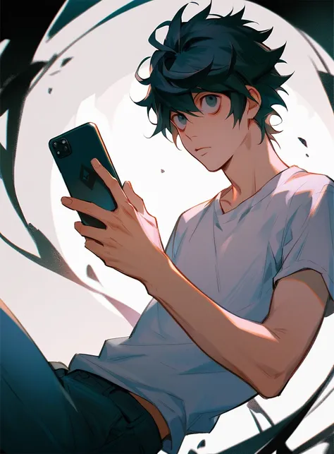 L from Death Note is a thin young man, with messy black hair, big eyes and dark circles. He always wears a simple white t-shirt and jeans., and has a peculiar hunched posture.  using your cell phone 