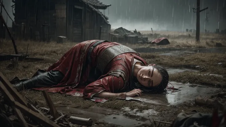 Realistic风格，middle Ages，night，middle Ages战争，After a fierce battle，A large number of dead soldiers lay on the ground，The land is covered with blood，In the foreground is a soldier kneeling on the ground, covered in rain and blood, facing the camera.，With my ...