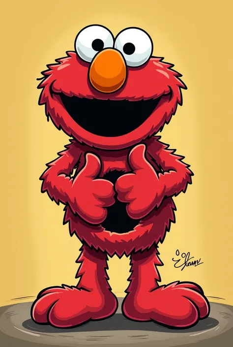 Elmo sticking his fingers in a hole between his legs, screaming